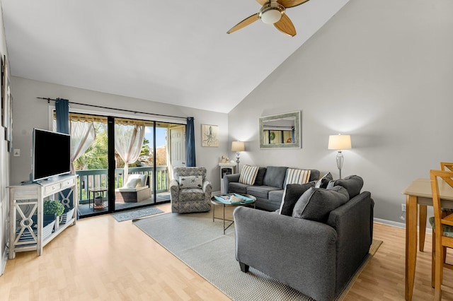 3755 Scenic Highway 98 Unit 1203, Destin, FL 32541 - living room featuring a ceiling fan, high vaulted ceiling, and light wood finished floors