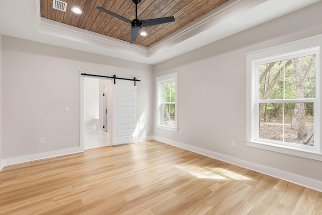 335 J Hunters Way S, Freeport, FL 32439 - spare room featuring a raised ceiling, a barn door, wooden ceiling, ceiling fan, and healthy amount of natural light