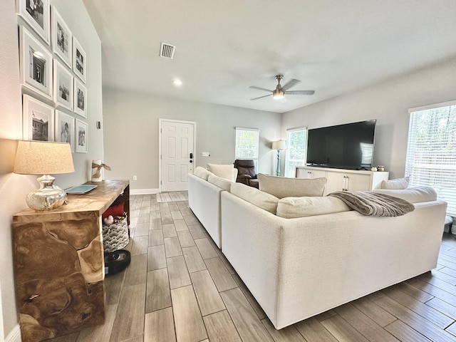 74 Tranquility Ln, Santa Rosa Beach, FL 32459 - living room featuring ceiling fan, healthy amount of natural light, light wood-type flooring, and recessed lighting