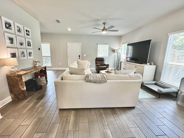 74 Tranquility Ln, Santa Rosa Beach, FL 32459 - living room featuring wood finished floors, ceiling fan, and recessed lighting