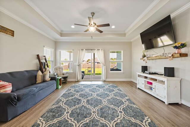 809 Whispering Creek Ave, Freeport, FL 32439 - living area with a tray ceiling, healthy amount of natural light, ceiling fan, wood finished floors, and crown molding