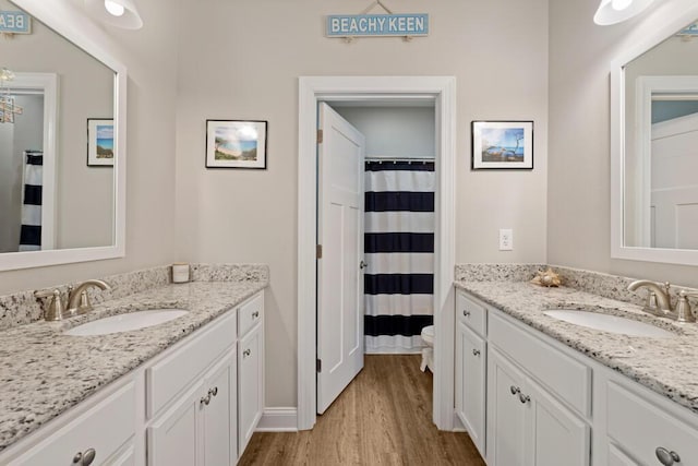 809 Whispering Creek Ave, Freeport, FL 32439 - bathroom featuring vanity, toilet, wood finished floors, and baseboards