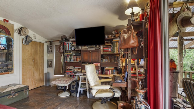 841 N 1st St, Defuniak Springs, FL 32433 - office space with vaulted ceiling, a textured ceiling, and dark stone finish flooring