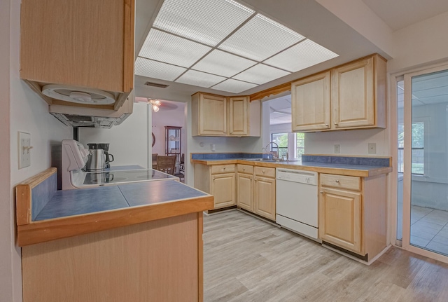 3892 Belmar Pl, Chipley, FL 32428 - kitchen with white appliances, light brown cabinetry, a sink, light wood-style floors, and ceiling fan