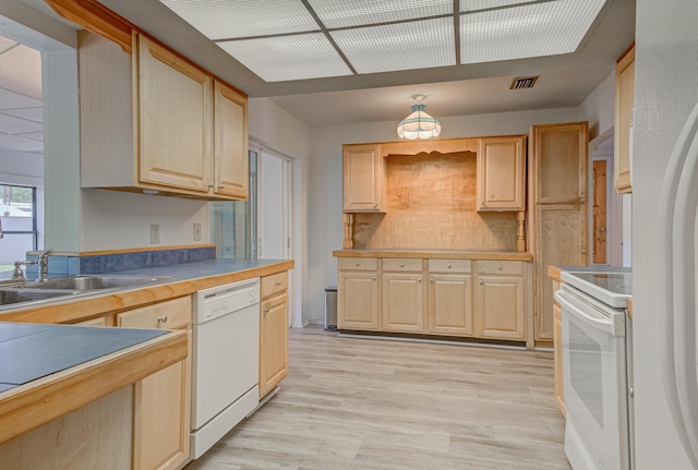 3892 Belmar Pl, Chipley, FL 32428 - kitchen featuring white appliances, light brown cabinetry, a sink, light wood finished floors, and decorative backsplash