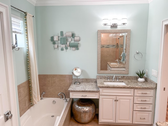 1976 Baytowne Loop, Miramar Beach, FL 32550 - bathroom featuring tiled tub, vanity, crown molding, and tiled shower