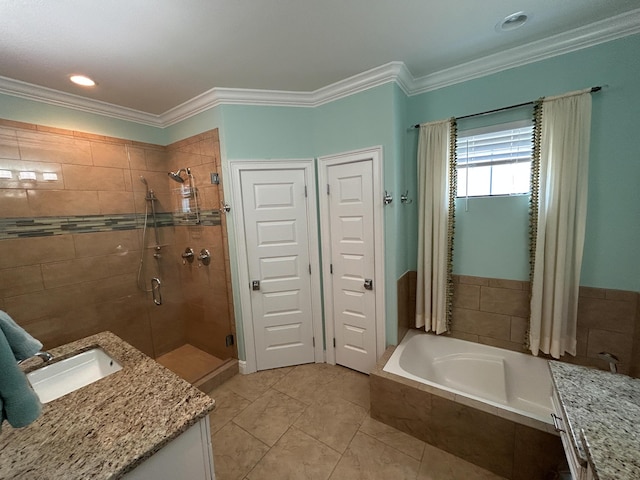 1976 Baytowne Loop, Miramar Beach, FL 32550 - full bathroom featuring a shower stall, a bath, vanity, ornamental molding, and tile patterned flooring