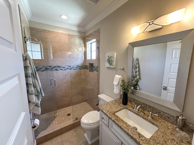 1976 Baytowne Loop, Miramar Beach, FL 32550 - full bath featuring ornamental molding, vanity, a stall shower, tile patterned flooring, and recessed lighting