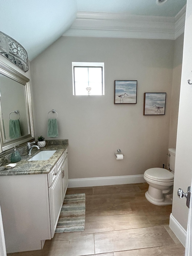 1976 Baytowne Loop, Miramar Beach, FL 32550 - bathroom featuring vanity, ornamental molding, wood finished floors, and lofted ceiling