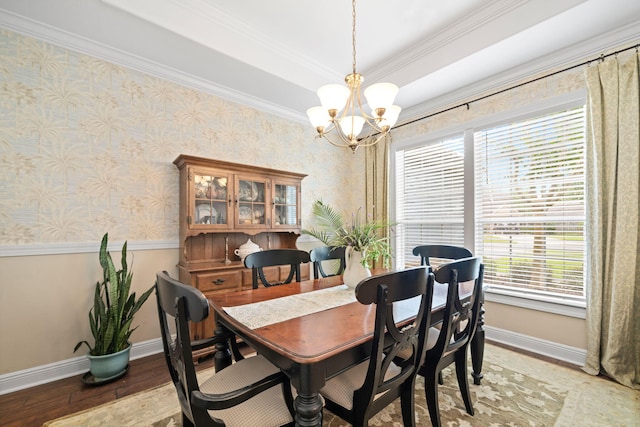 53 Concert Ct, Freeport, FL 32439 - dining room with a chandelier, baseboards, light wood-style floors, ornamental molding, and wallpapered walls