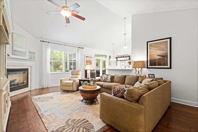 53 Concert Ct, Freeport, FL 32439 - living room with ceiling fan, wood-type flooring, baseboards, a fireplace, and high vaulted ceiling