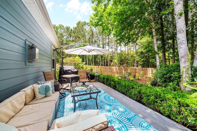 53 Concert Ct, Freeport, FL 32439 - view of patio / terrace featuring outdoor lounge area, a grill, view of scattered trees, and a wall mounted AC