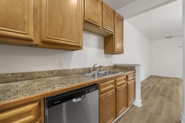 15284 331 Business Unit 11B, Freeport, FL 32439 - kitchen featuring stainless steel dishwasher, a sink, light wood-style floors, brown cabinets, and baseboards