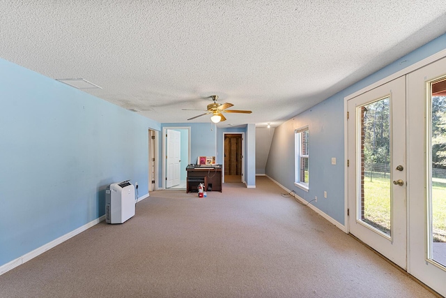 4555 Wolf Track Rdg Unit 6.44Ac, Crestview, FL 32539 - recreation room featuring light colored carpet, a textured ceiling, french doors, baseboards, and a ceiling fan