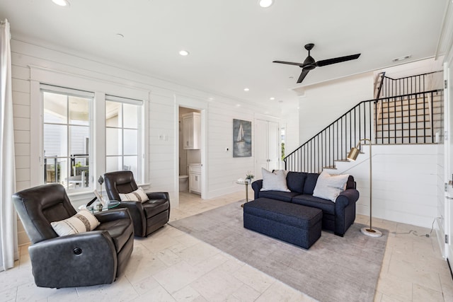 323 Pompano St, Inlet Beach, FL 32461 - living room with stairs, ceiling fan, and recessed lighting