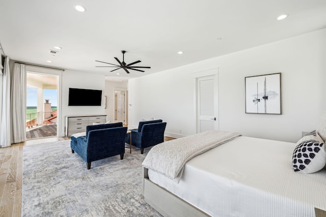 323 Pompano St, Inlet Beach, FL 32461 - bedroom with access to outside, recessed lighting, light wood-style floors, and a ceiling fan
