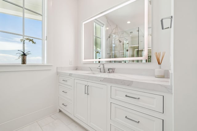 323 Pompano St, Inlet Beach, FL 32461 - full bath featuring vanity, a marble finish shower, baseboards, and marble look tiles