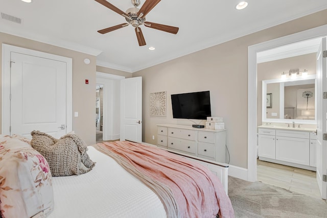 134 Norwood Dr Unit Ph1, Miramar Beach, FL 32550 - bedroom featuring recessed lighting, ornamental molding, connected bathroom, ceiling fan, and light carpet
