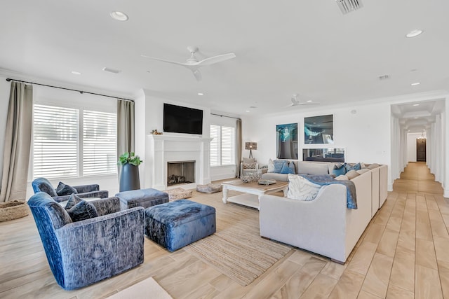 134 Norwood Dr Unit Ph1, Miramar Beach, FL 32550 - living area with a ceiling fan, recessed lighting, a fireplace, and light wood-type flooring