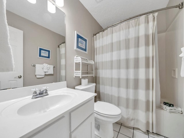 2606 Scenic Gulf Dr Unit 3208, Miramar Beach, FL 32550 - full bath with tile patterned floors, vanity, toilet, a textured ceiling, and curtained shower
