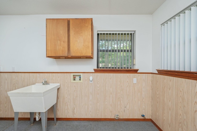 1131 Stanley Ln, Baker, FL 32531 - laundry area featuring hookup for a washing machine, a wainscoted wall, cabinet space, carpet flooring, and wood walls