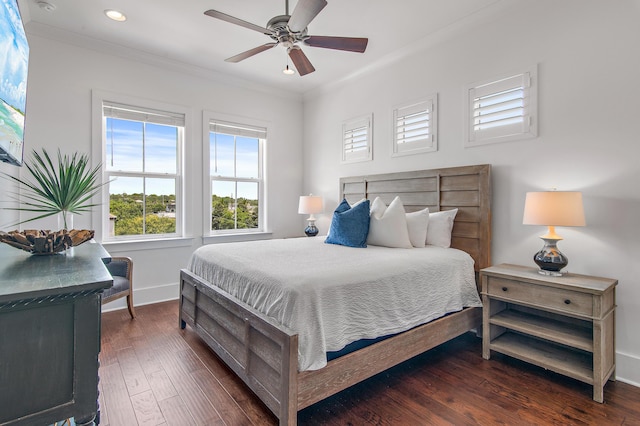 11 Wadleigh Way, Miramar Beach, FL 32550 - bedroom with baseboards, wood finished floors, recessed lighting, ornamental molding, and ceiling fan