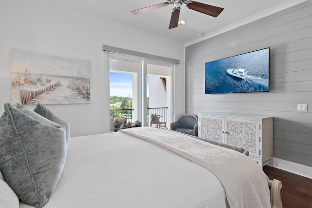 11 Wadleigh Way, Miramar Beach, FL 32550 - bedroom featuring wood finished floors, access to exterior, wood walls, ceiling fan, and ornamental molding