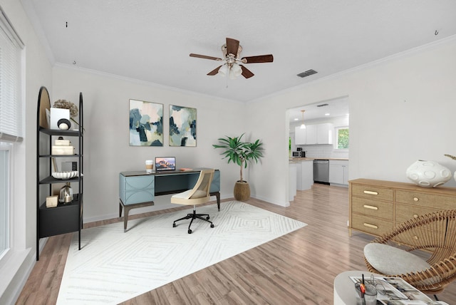 709 Russell Blvd, Fort Walton Beach, FL 32547 - office area with light wood-style floors, ceiling fan, baseboards, and ornamental molding