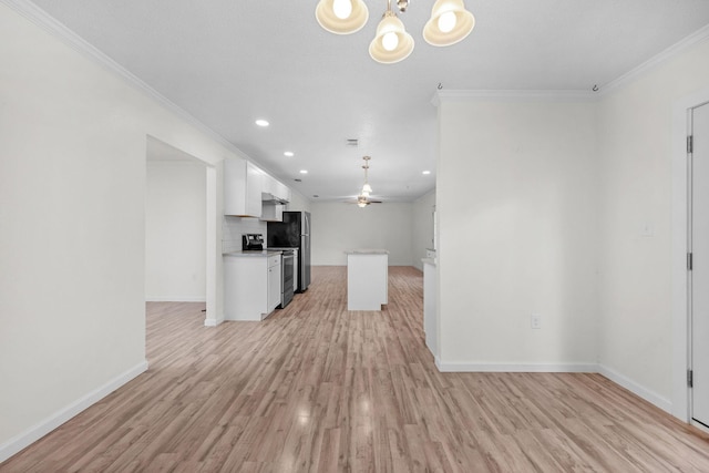 709 Russell Blvd, Fort Walton Beach, FL 32547 - unfurnished living room with a ceiling fan, light wood-style flooring, a chandelier, recessed lighting, and crown molding