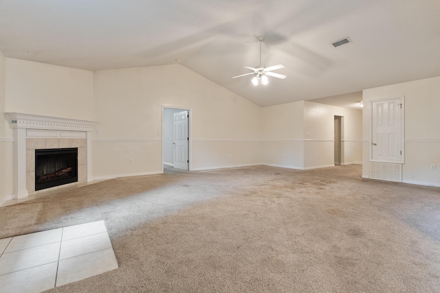 209 Warrior St, Crestview, FL 32536 - unfurnished living room featuring a ceiling fan, carpet flooring, lofted ceiling, a fireplace, and baseboards