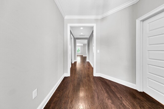 50 Oyster Blvd, Freeport, FL 32439 - hallway with dark wood finished floors, crown molding, and baseboards