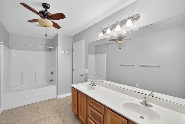 2909 Five Oaks Ln, Shalimar, FL 32579 - full bathroom with a ceiling fan, washtub / shower combination, double vanity, and tile patterned flooring