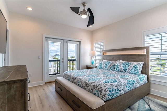 8169 White Sands Blvd, Navarre, FL 32566 - bedroom featuring access to outside, light wood finished floors, baseboards, ceiling fan, and recessed lighting