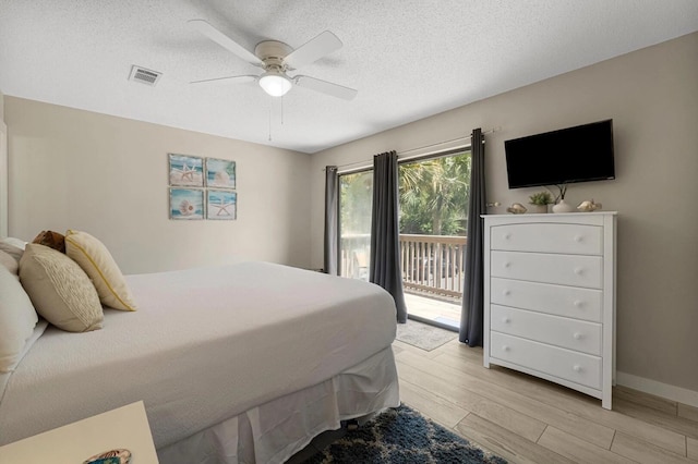 15 Cypress St Unit 268, Santa Rosa Beach, FL 32459 - bedroom featuring access to exterior, light wood-style flooring, a textured ceiling, ceiling fan, and baseboards
