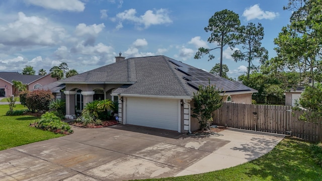 108 Colony Bay Harbour Dr, Panama City Beach, FL 32407 - ranch-style home with an attached garage, roof with shingles, solar panels, stucco siding, and driveway
