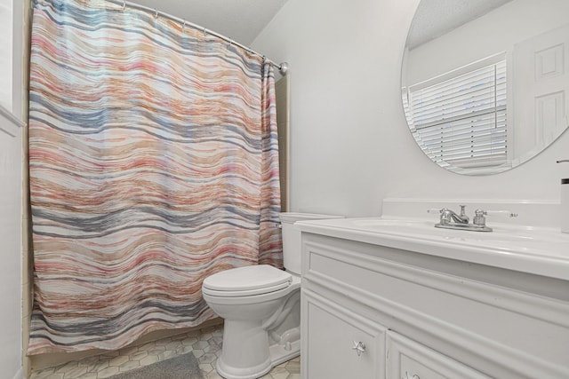 617 Schneider Dr, Fort Walton Beach, FL 32547 - bathroom with toilet, vanity, curtained shower, and tile patterned flooring