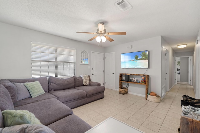 617 Schneider Dr, Fort Walton Beach, FL 32547 - living room with ceiling fan, light tile patterned floors, a textured ceiling, and baseboards