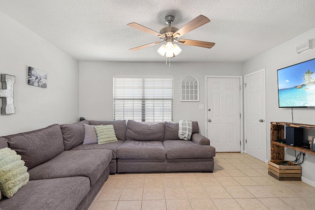 617 Schneider Dr, Fort Walton Beach, FL 32547 - living room with ceiling fan, light tile patterned floors, and a textured ceiling