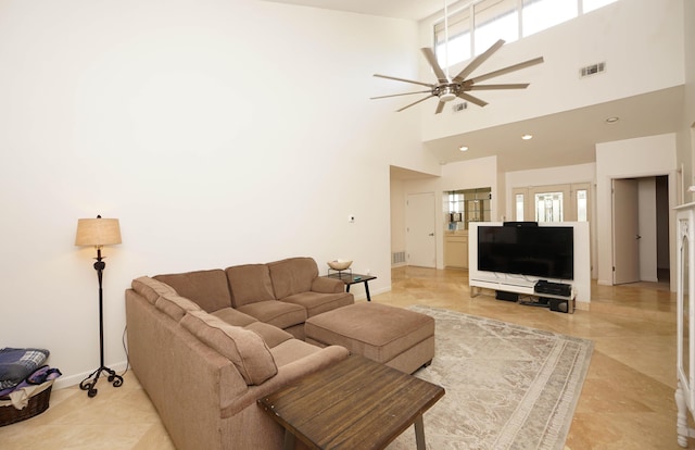 115 Gleneagles Dr, Niceville, FL 32578 - living room featuring ceiling fan, recessed lighting, a towering ceiling, and baseboards