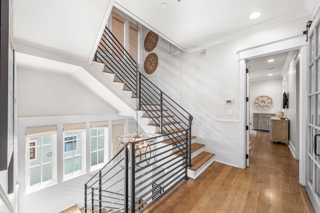 21 Founders Ct, Watersound, FL 32461 - stairs with hardwood / wood-style flooring, a wainscoted wall, ornamental molding, and recessed lighting