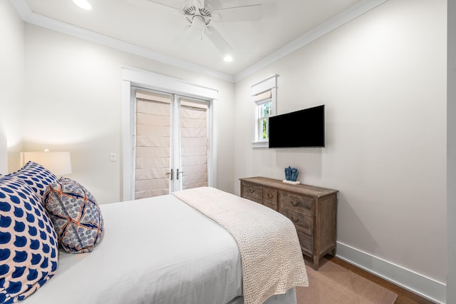 21 Founders Ct, Watersound, FL 32461 - bedroom featuring ornamental molding, wood finished floors, recessed lighting, french doors, and ceiling fan