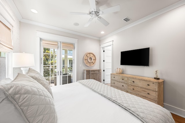 21 Founders Ct, Watersound, FL 32461 - bedroom with access to outside, ornamental molding, wood finished floors, french doors, and a ceiling fan