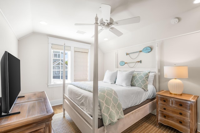 21 Founders Ct, Watersound, FL 32461 - bedroom with vaulted ceiling, recessed lighting, wood finished floors, and a ceiling fan