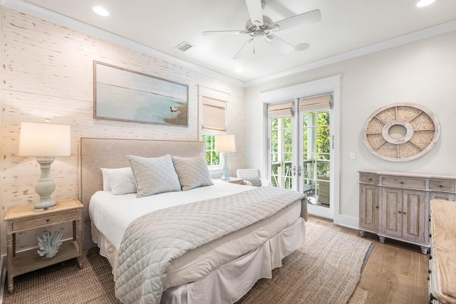 21 Founders Ct, Watersound, FL 32461 - bedroom featuring access to exterior, light wood-style flooring, recessed lighting, crown molding, and a ceiling fan