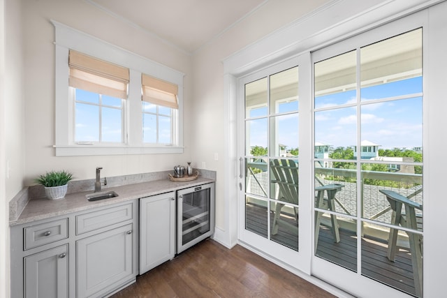 21 Founders Ct, Watersound, FL 32461 - indoor bar featuring wine cooler, dark wood-style floors, and ornamental molding
