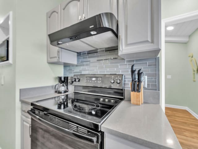 50 Gossamer Ln Unit 10, Inlet Beach, FL 32461 - kitchen featuring electric range, range hood, decorative backsplash, wood finished floors, and baseboards