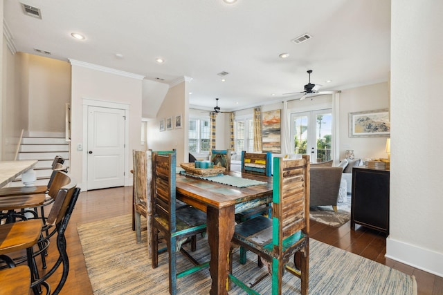 51 Grande Pointe Dr, Inlet Beach, FL 32461 - dining area with a ceiling fan, french doors, wood finished floors, crown molding, and recessed lighting