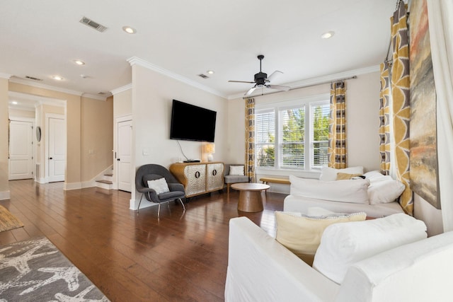 51 Grande Pointe Dr, Inlet Beach, FL 32461 - living room featuring ceiling fan, crown molding, recessed lighting, hardwood / wood-style floors, and stairway