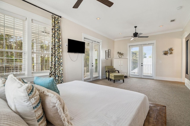 51 Grande Pointe Dr, Inlet Beach, FL 32461 - carpeted bedroom featuring access to outside, crown molding, ceiling fan, french doors, and baseboards