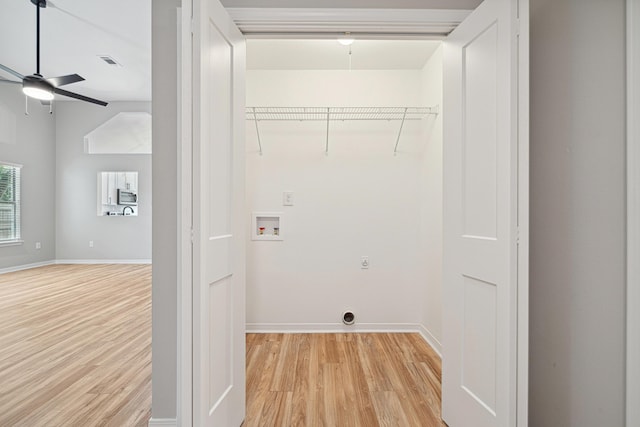 28 6th St, Shalimar, FL 32579 - laundry room with washer hookup, light wood-style flooring, a ceiling fan, and baseboards